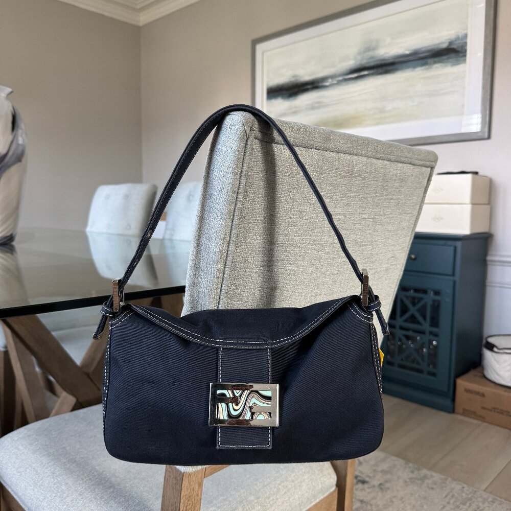 FENDI CANVAS Vintage Double Flap Baguette Blue
